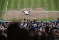 Novak Djokovic celebrating his win at Wimbledon 2021